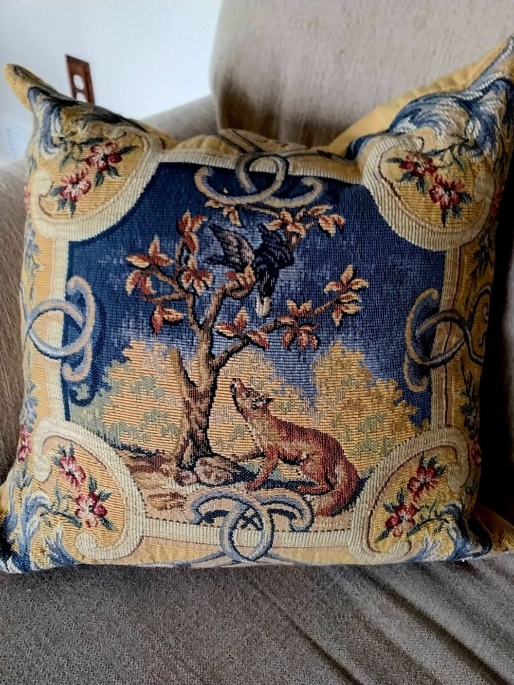 Vintage Jules Pansi Tapestry Throw Pillow Featuring a Fox, Tree, & Florals